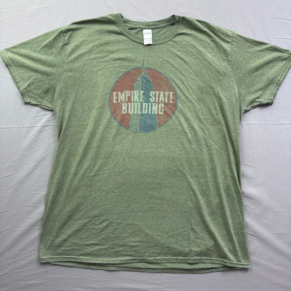 Gildan Empire State Building Graphic T-Shirt Mens 2XL Green Heather NYC Souvenir